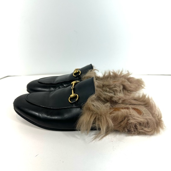 Gucci Princeton Black Leather Fur Horsebit Gold Detail Slip On Mules 39.5 US 9.5 - Picture 9 of 15